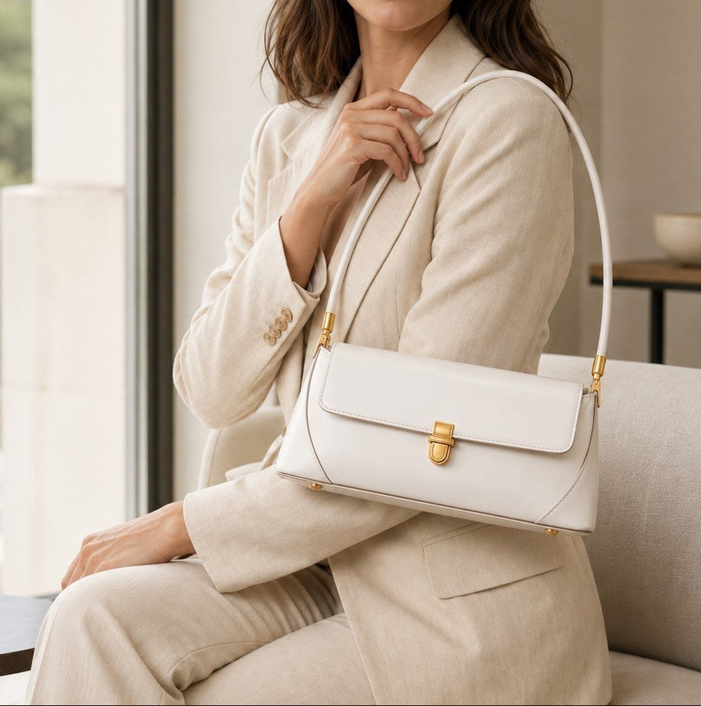 A woman in a beige blazer carries a white VALENORA Amancia shoulder bag with gold hardware in a bright, modern room.