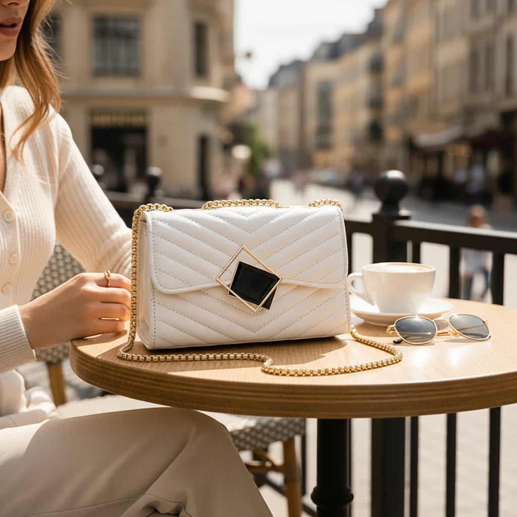 VALENORA white vegan leather Elysia crossbody bag with chevron quilting and a square buckle on a cafe table