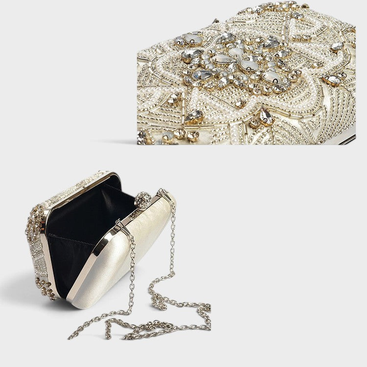 VALENORA Ivy pearl clutch in silver with intricate beaded embellishments and a detachable chain strap for evening wear.