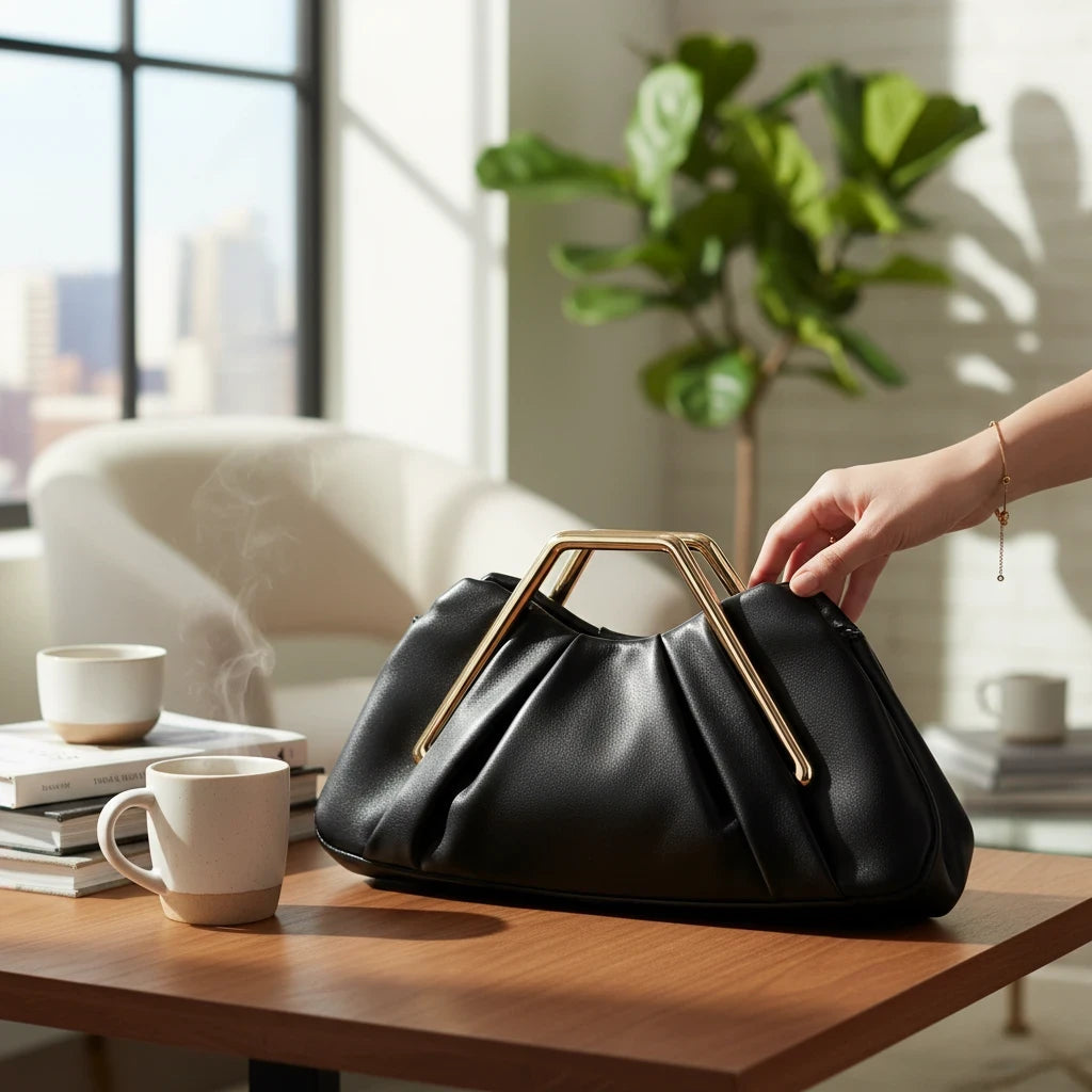 VALENORA Natalie black pleated vegan leather handbag with a polished gold metal top handle on a wooden table.