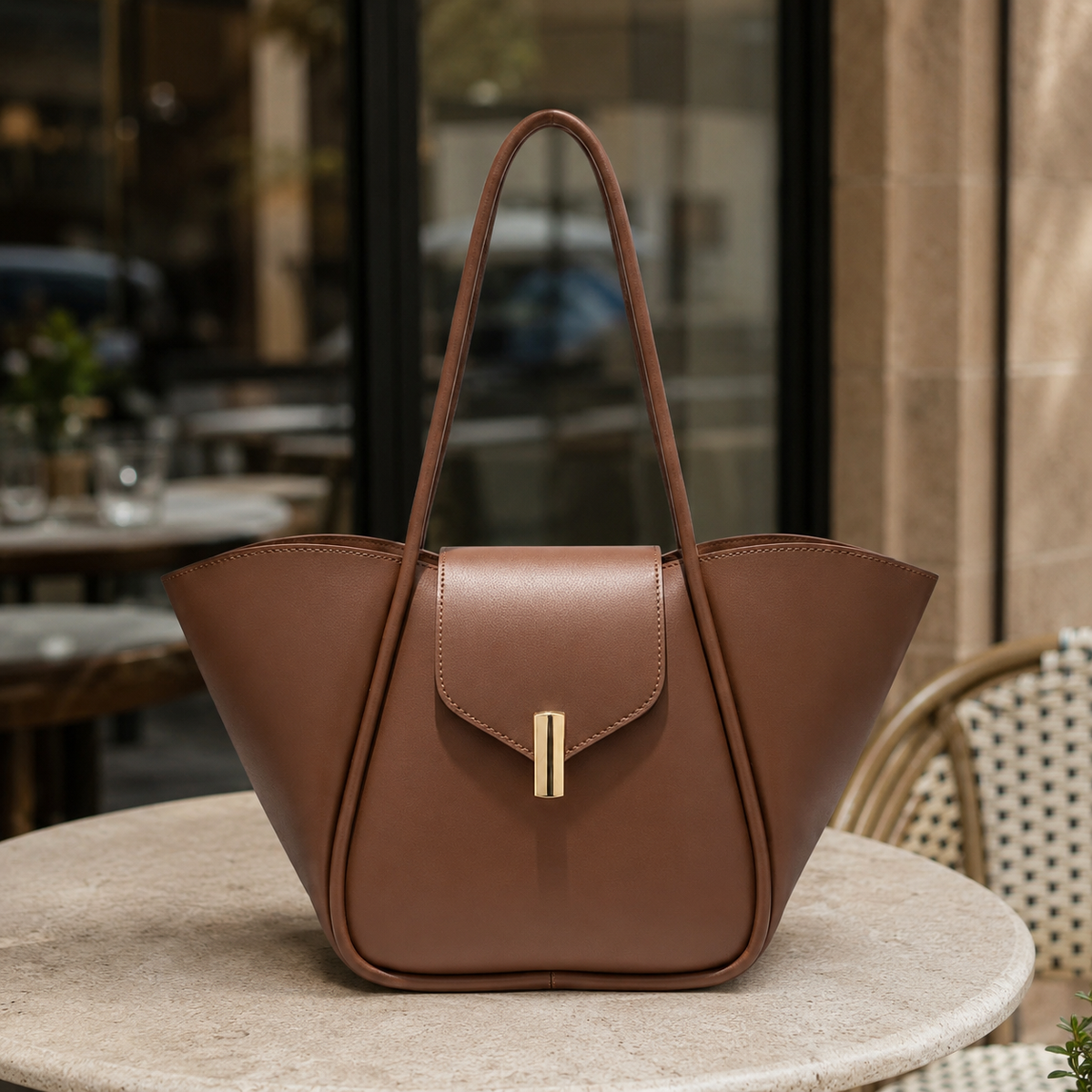 A structured brown leather handbag with a single shoulder strap and a gold-tone vertical clasp, displayed on a round stone table in an outdoor cafe setting.
