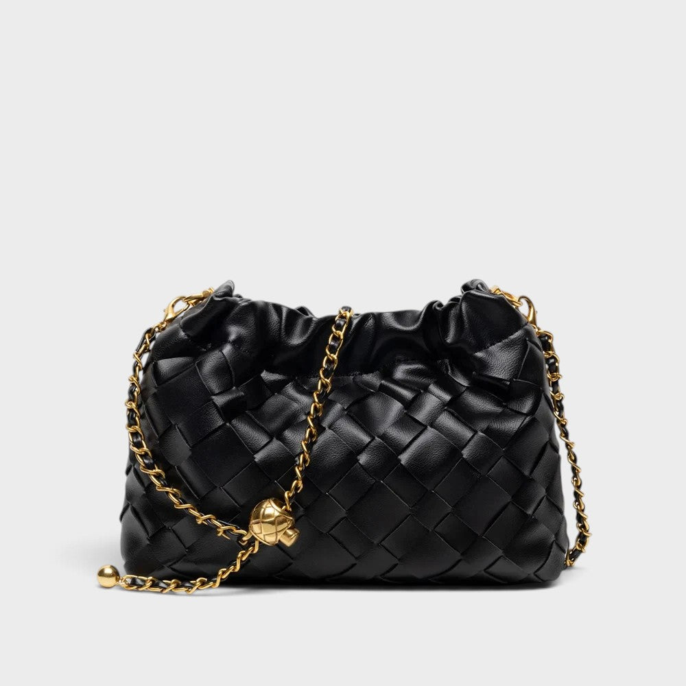 VALENORA Adelle black vegan leather shoulder bag with a woven texture, gathered silhouette, and gold chain strap.
