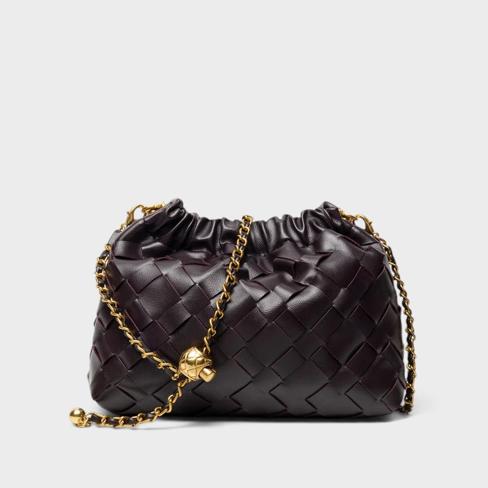 VALENORA Adelle shoulder bag in dark burgundy woven vegan leather with a gathered top and gold-tone chain strap.