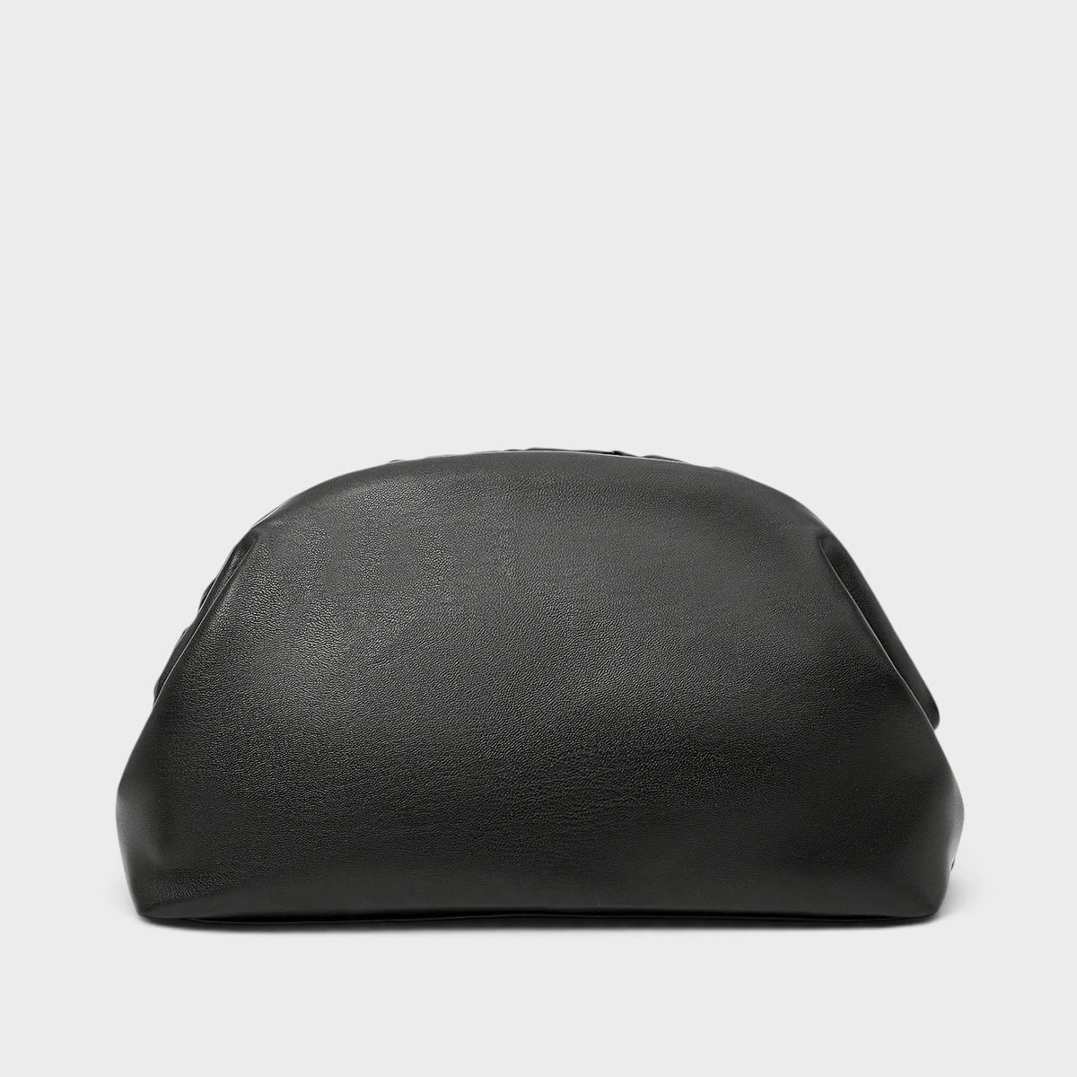VALENORA Alisa black vegan leather clutch bag with a soft, cloud-like gathered silhouette.