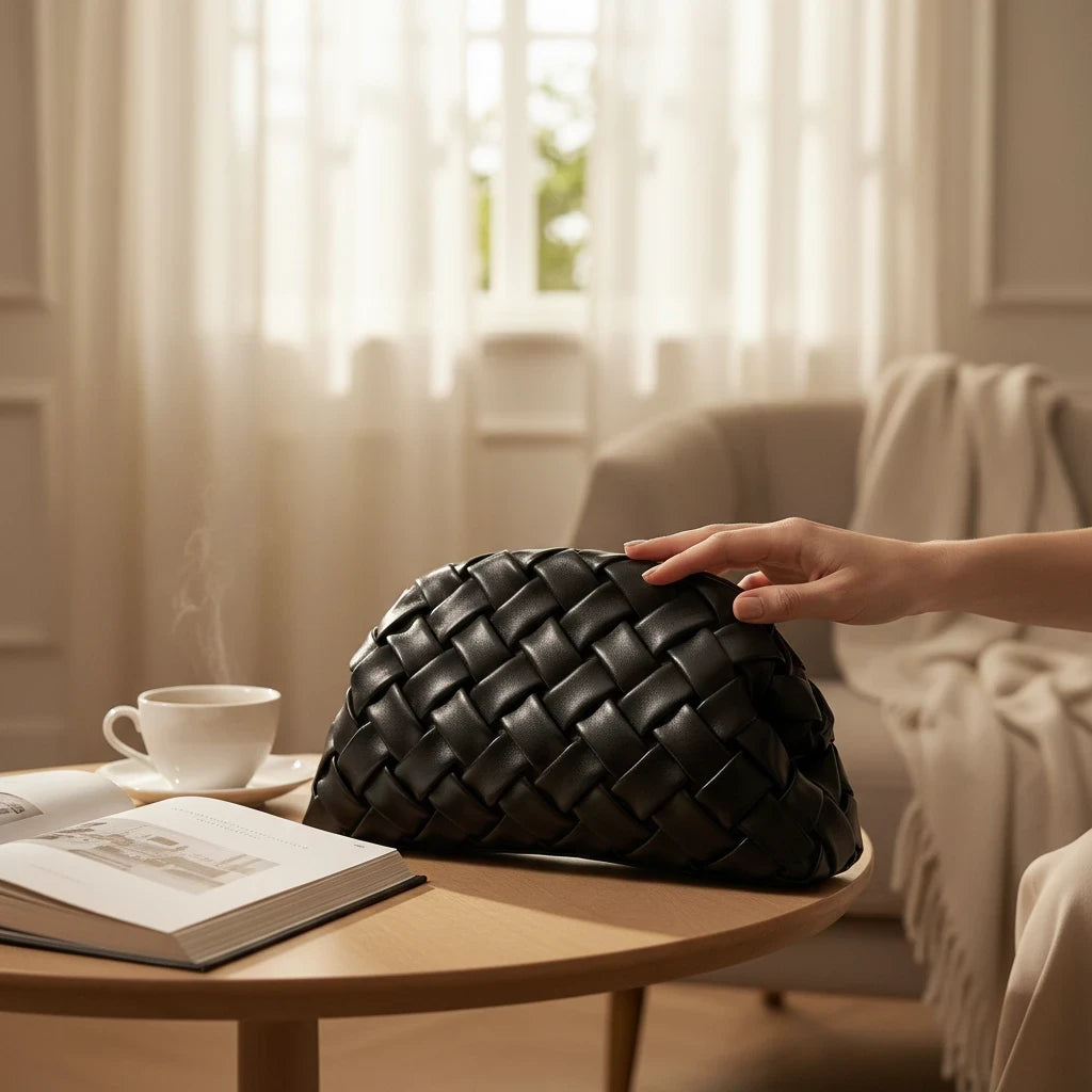 VALENORA Alisa black vegan leather clutch with a hand-woven, cloud-like silhouette resting on a wooden table.