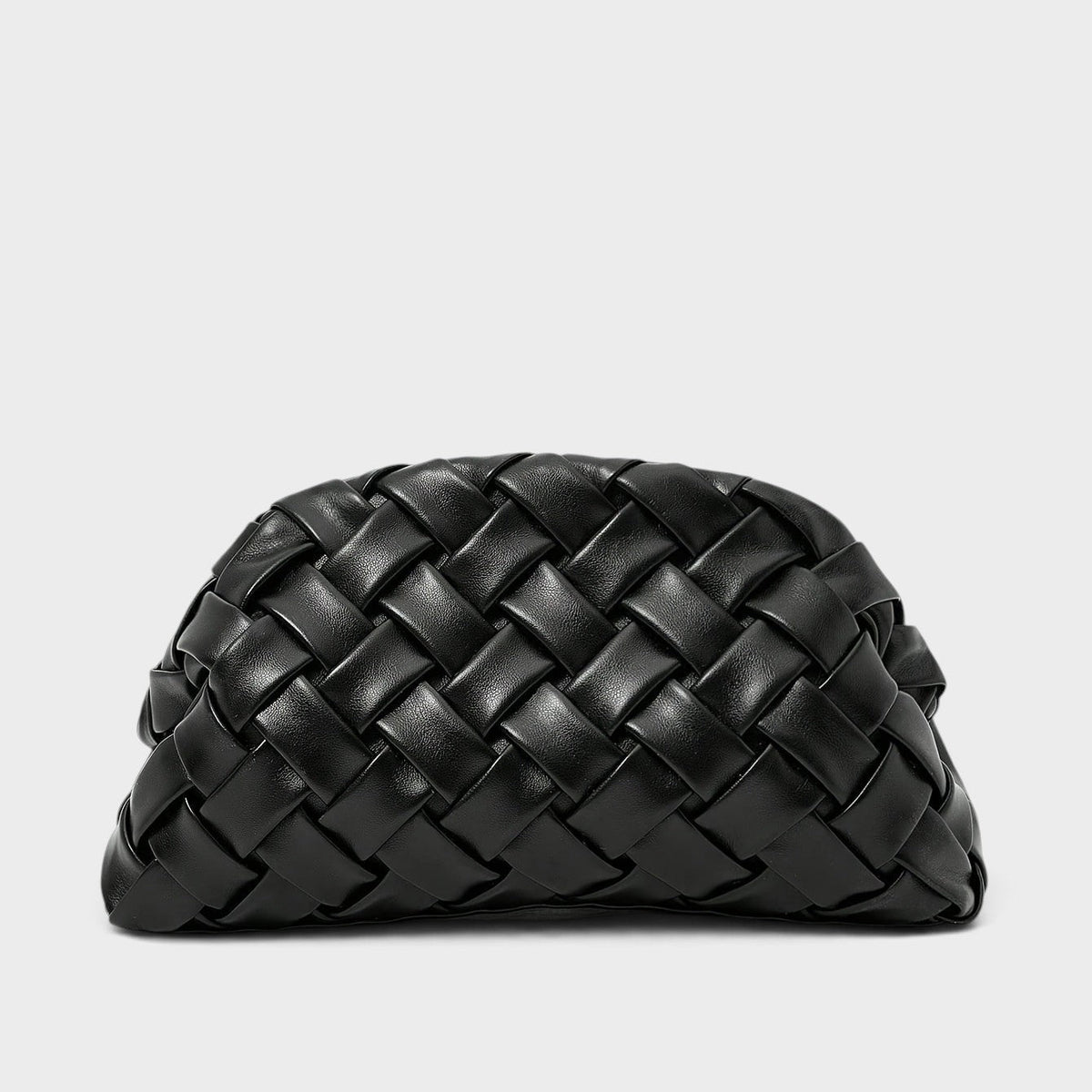 VALENORA Alisa black vegan leather clutch bag with a soft hand-woven interlaced pattern and cloud-like silhouette.
