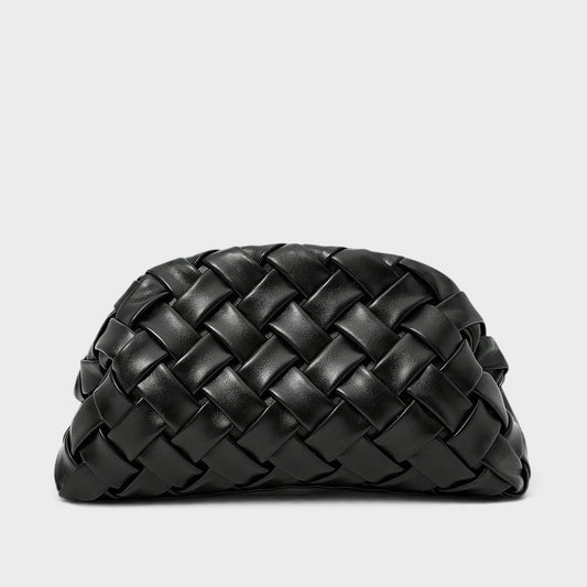 VALENORA Alisa black vegan leather clutch bag with a soft hand-woven interlaced pattern and cloud-like silhouette.
