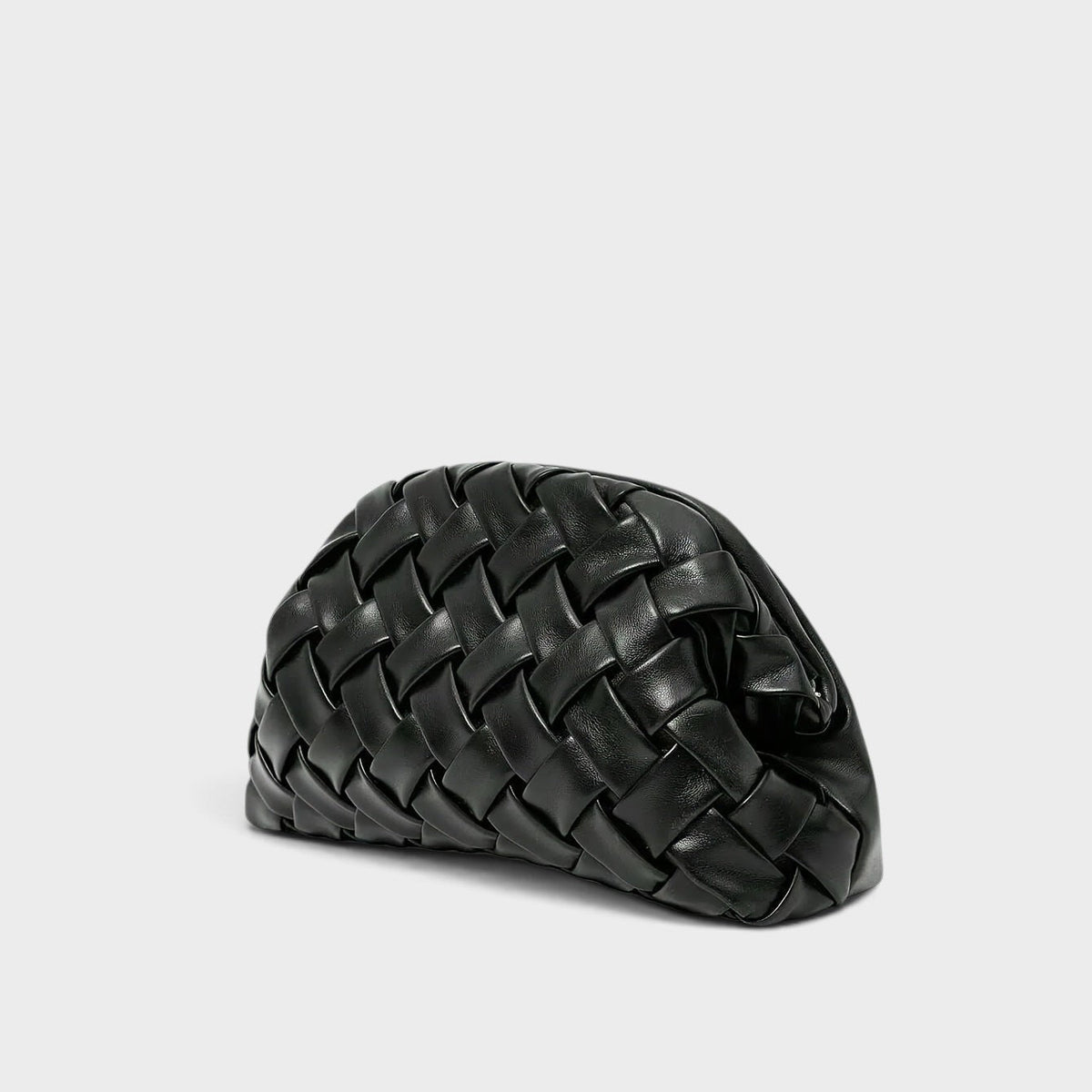 VALENORA Alisa black vegan leather clutch bag with a soft hand-woven cloud-like silhouette and gathered design.
