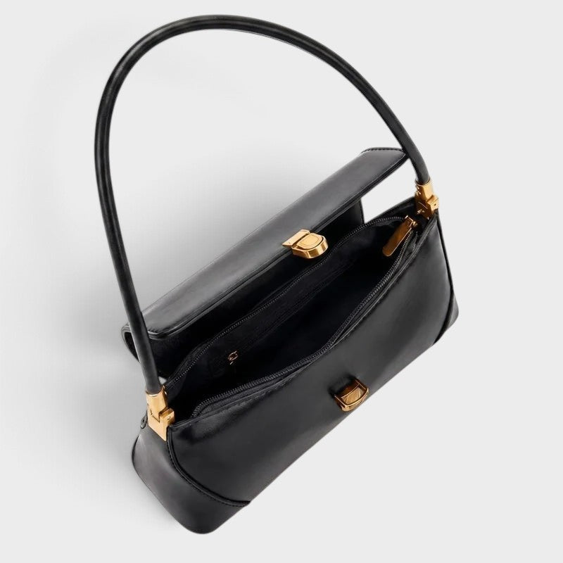 VALENORA Amancia black synthetic leather baguette shoulder bag with gold-toned hardware and zippered interior pocket