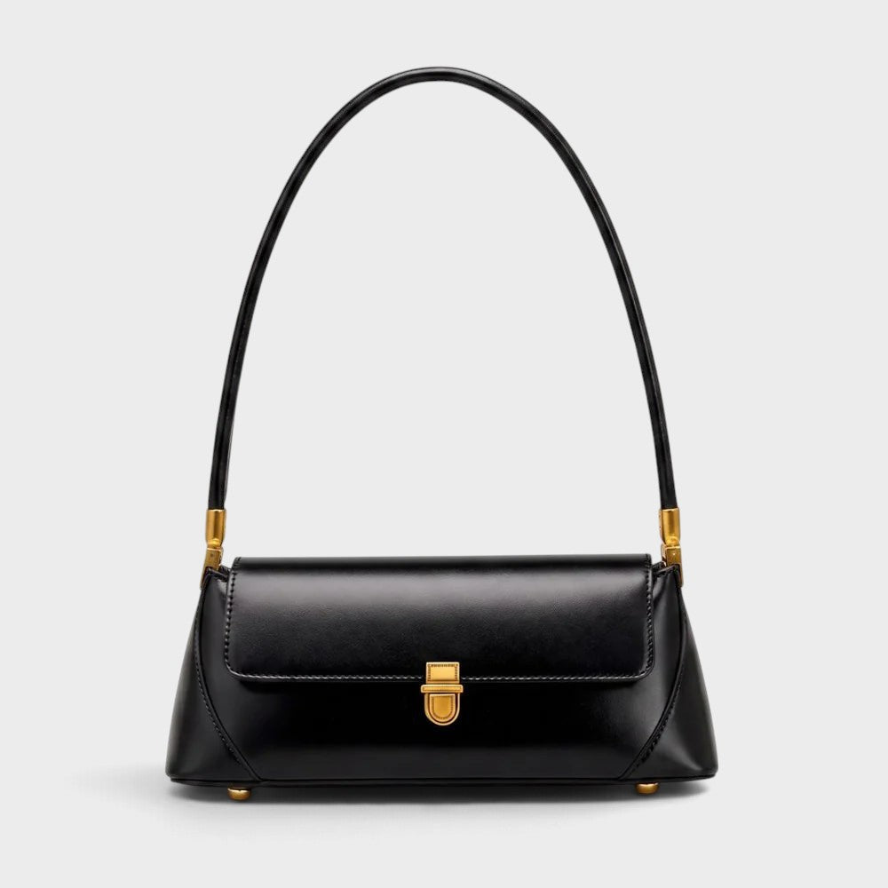VALENORA Amancia black synthetic leather baguette shoulder bag with gold-toned clasp and structured silhouette