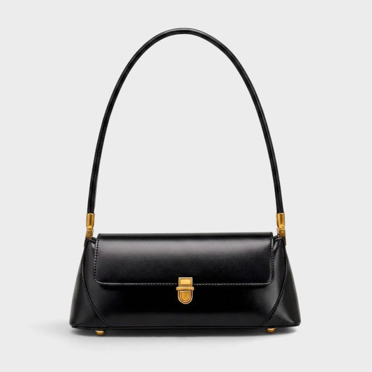 VALENORA Amancia black synthetic leather baguette shoulder bag with gold-toned clasp and structured silhouette