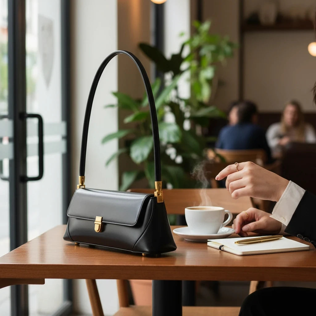 VALENORA Amancia black synthetic leather baguette shoulder bag with gold hardware on a cafe table