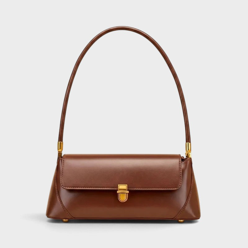 VALENORA Amancia brown genuine leather baguette shoulder bag with gold-toned hardware and secure clasp closure
