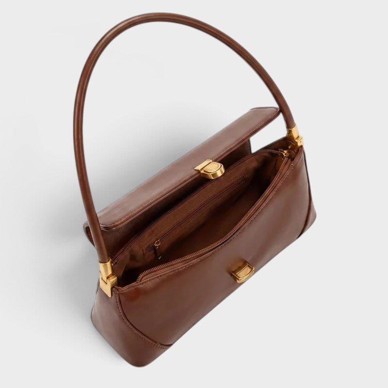 VALENORA Amancia brown synthetic leather baguette shoulder bag with gold-toned hardware and open interior view