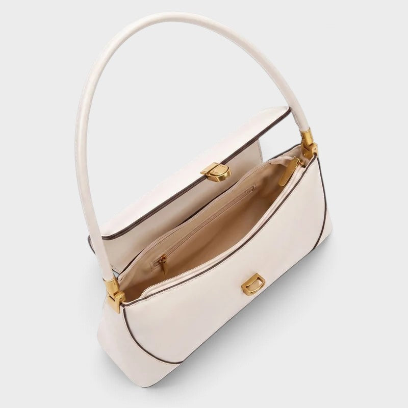 VALENORA Amancia white synthetic leather baguette shoulder bag with gold-toned hardware and open interior view