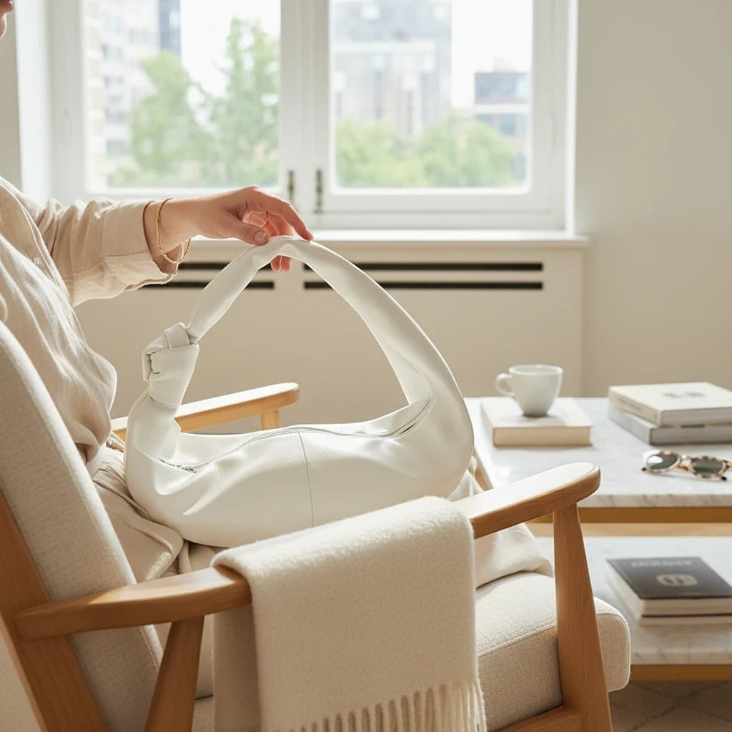 VALENORA Amanda milky white vegan leather handbag with a soft, rounded silhouette held in a bright, modern living room