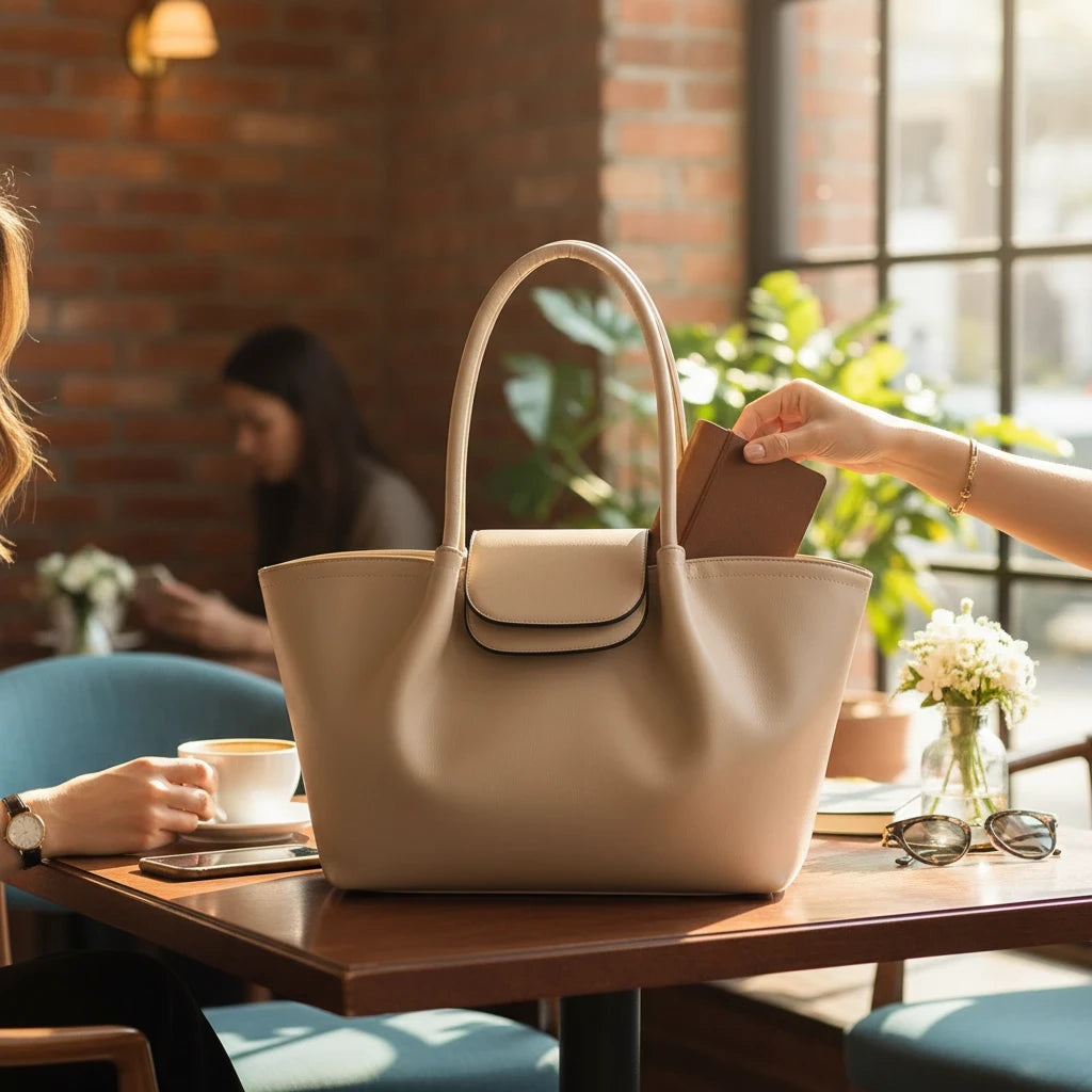VALENORA Amara beige vegan leather tote bag with structured boxy silhouette and front flap buckle closure on a table