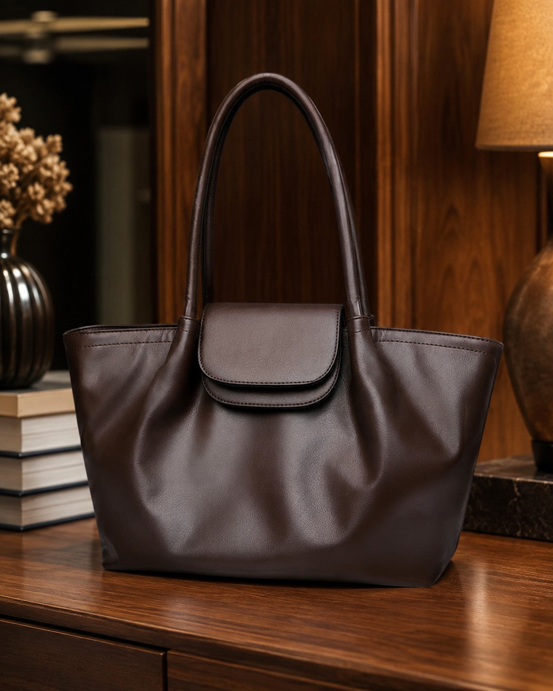 VALENORA Amara dark brown vegan leather tote bag with a structured boxy silhouette and front flap buckle closure.