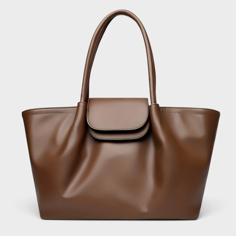 VALENORA Amara brown vegan leather tote bag with a structured boxy silhouette, dual shoulder straps, and front flap.