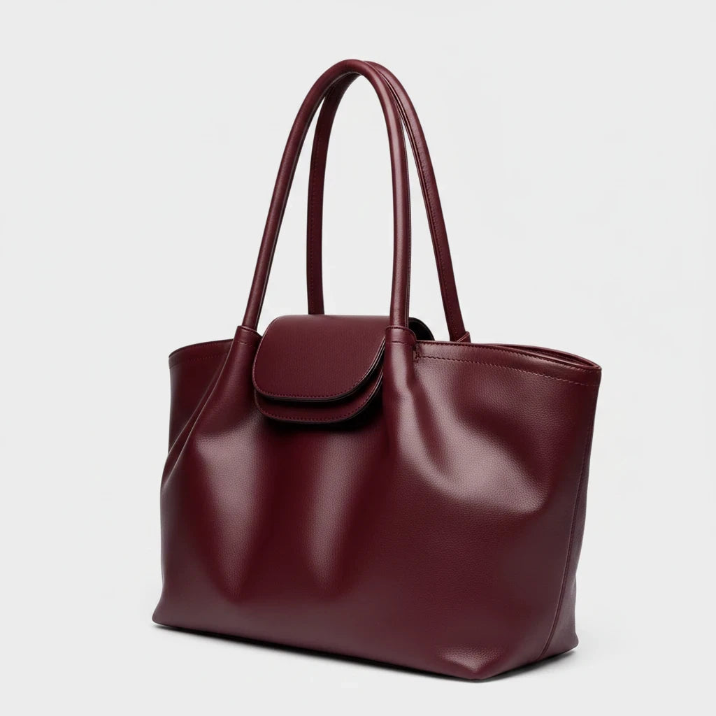 VALENORA Amara burgundy vegan leather tote bag with structured boxy silhouette, dual shoulder straps, and buckle flap