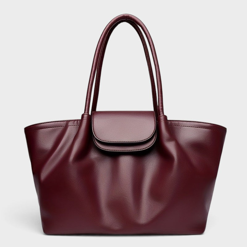 VALENORA Amara burgundy vegan leather tote bag with a structured boxy shape and front flap buckle closure