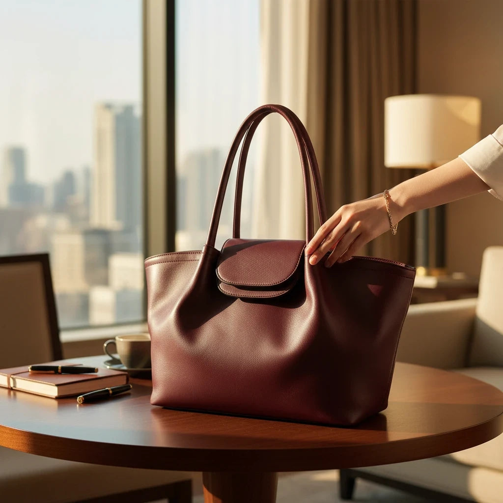 VALENORA Amara burgundy vegan leather tote bag with a structured boxy silhouette and front flap buckle closure.