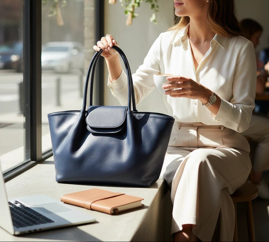 VALENORA Amara navy blue vegan leather tote bag with a front flap buckle closure held by a woman in a cafe