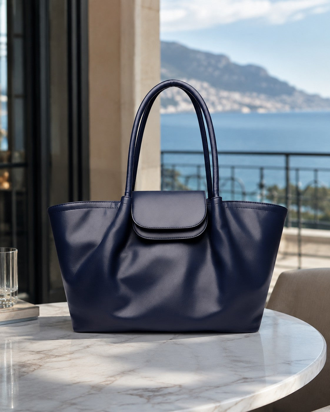 VALENORA Amara navy blue vegan leather tote bag with a structured boxy shape and front flap buckle closure