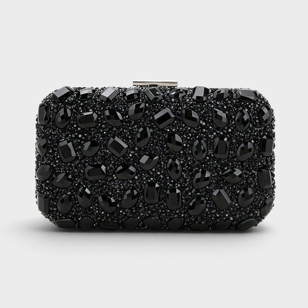 VALENORA Aurelina black clutch bag covered in sparkling rhinestones with a secure buckle closure for formal events.