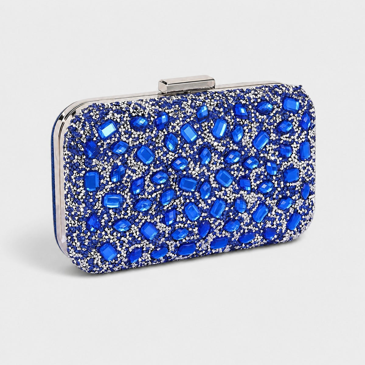 VALENORA Aurelina cobalt blue crystal-embellished hard-shell clutch bag with a silver top clasp