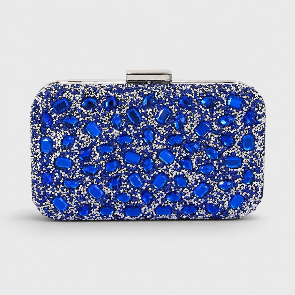 VALENORA Aurelina clutch bag in cobalt blue featuring faceted crystals and a structured hard-shell design.