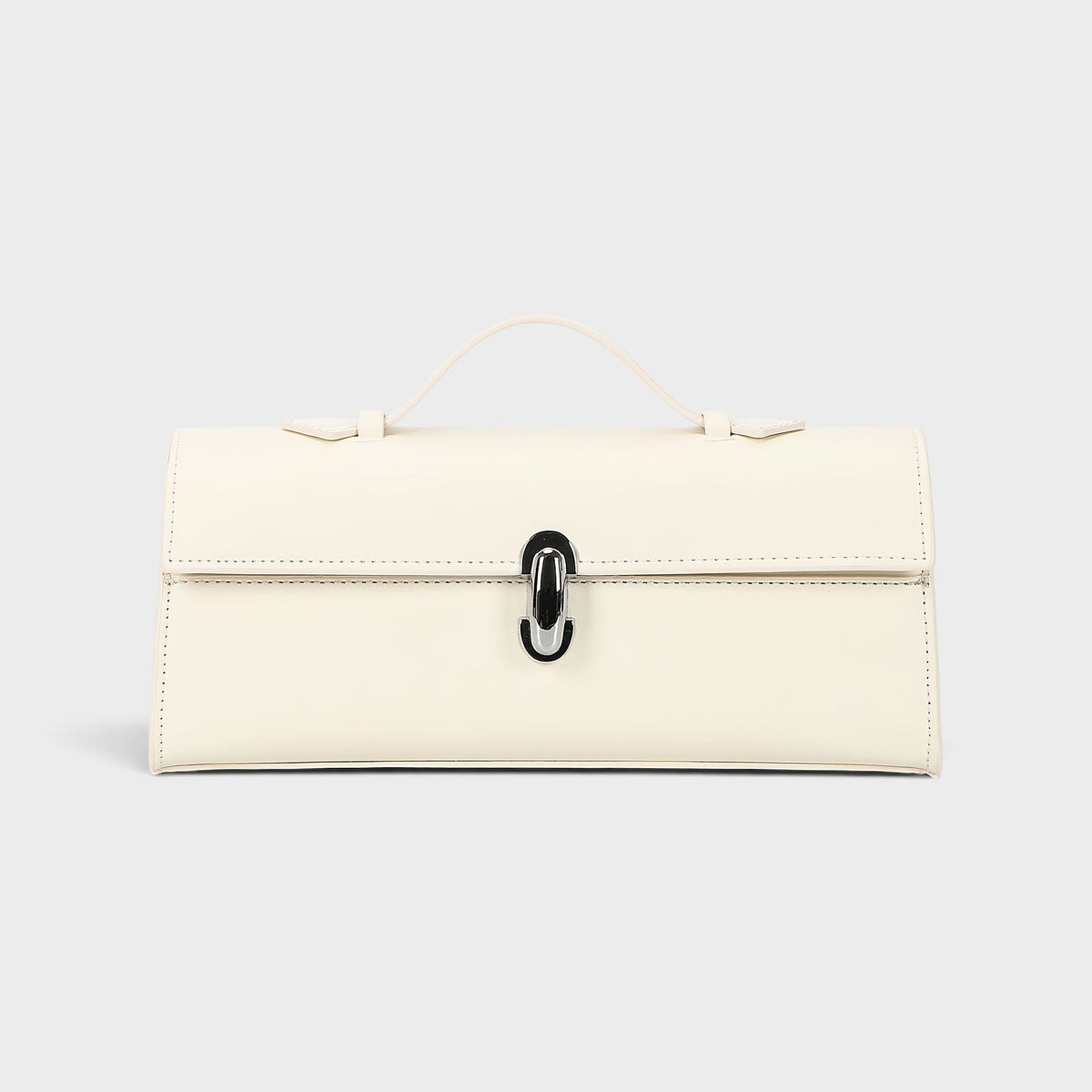 VALENORA Bella beige genuine leather handbag with a structured boxy silhouette and polished metal clasp closure