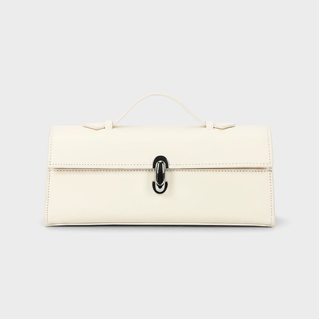 VALENORA Bella beige genuine leather handbag with a structured boxy silhouette and polished metal clasp closure.