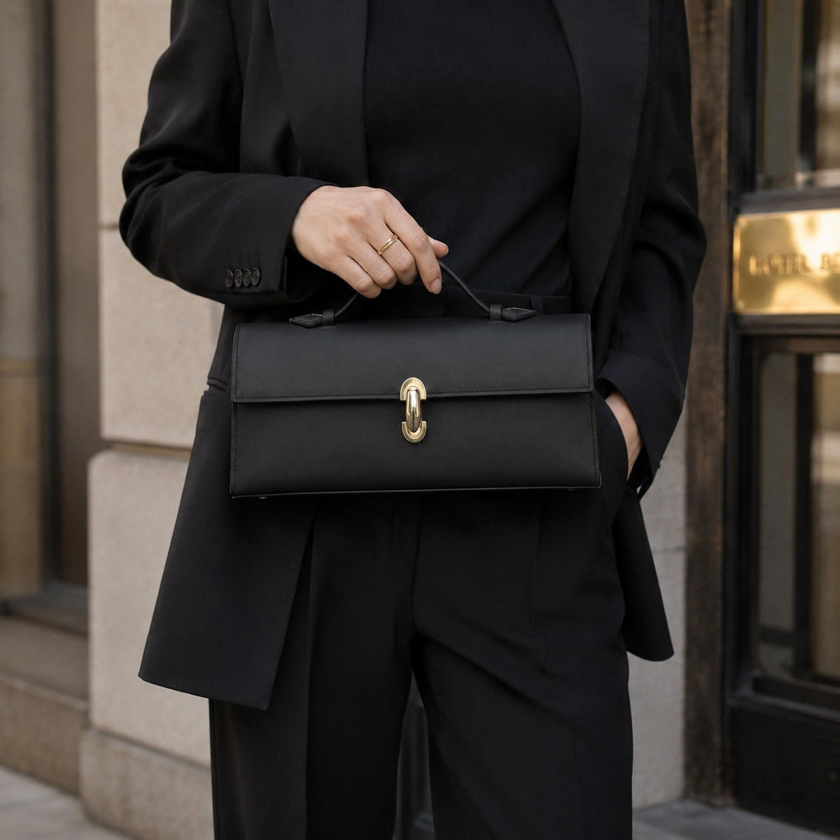 VALENORA Bella black genuine leather handbag with a structured boxy silhouette and polished gold metal clasp closure