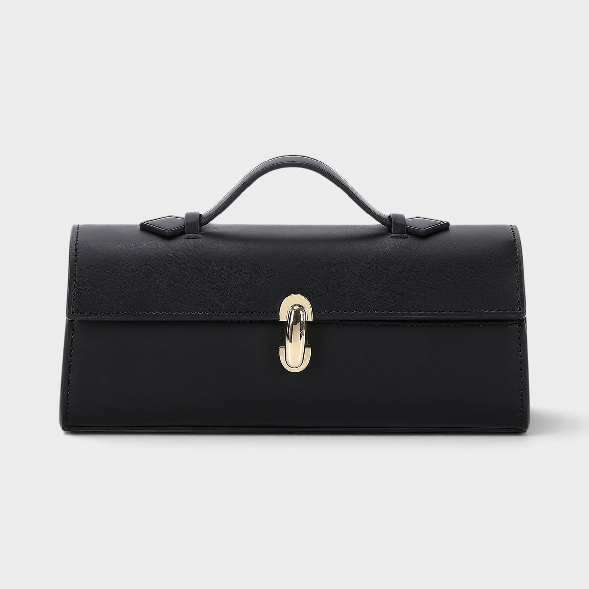 VALENORA Bella black genuine leather handbag with a structured boxy silhouette and a polished gold metal clasp.
