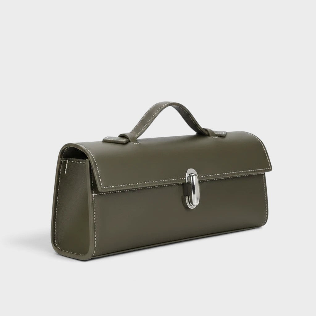 VALENORA Bella fern green genuine leather handbag with a structured boxy silhouette and polished metal clasp closure.