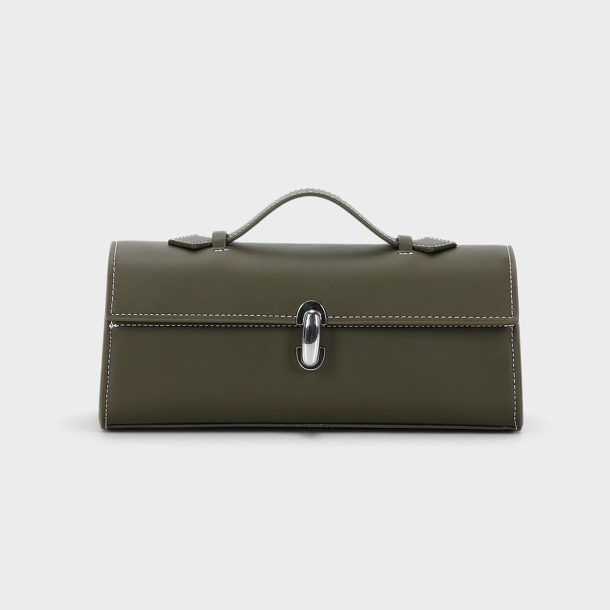 VALENORA Bella fern green genuine leather handbag with a structured boxy silhouette and polished silver metal clasp.