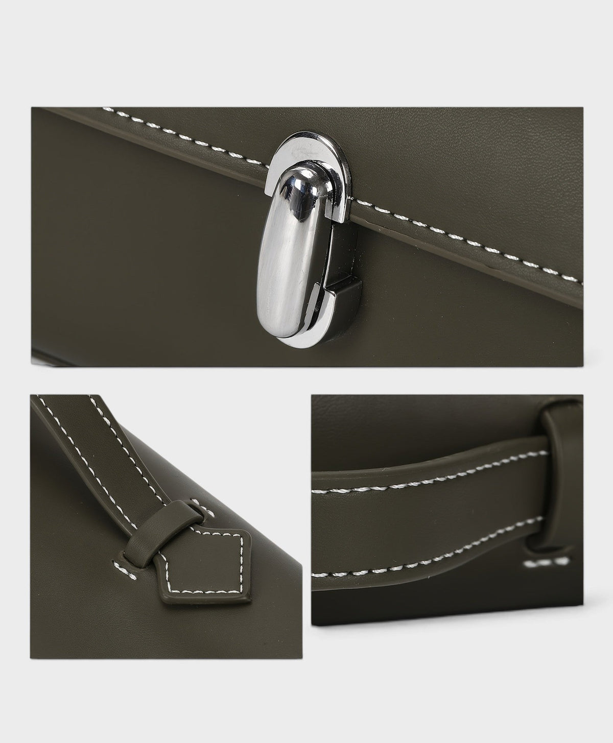 VALENORA Bella fern green genuine leather handbag featuring a polished metal clasp and white contrast stitching.