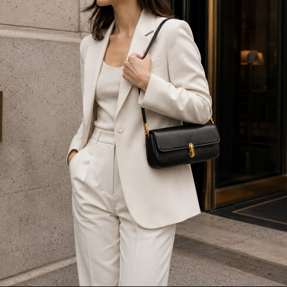 VALENORA Bianca shoulder bag in black microfiber leather with gold link clasp, worn by a woman in a cream suit.