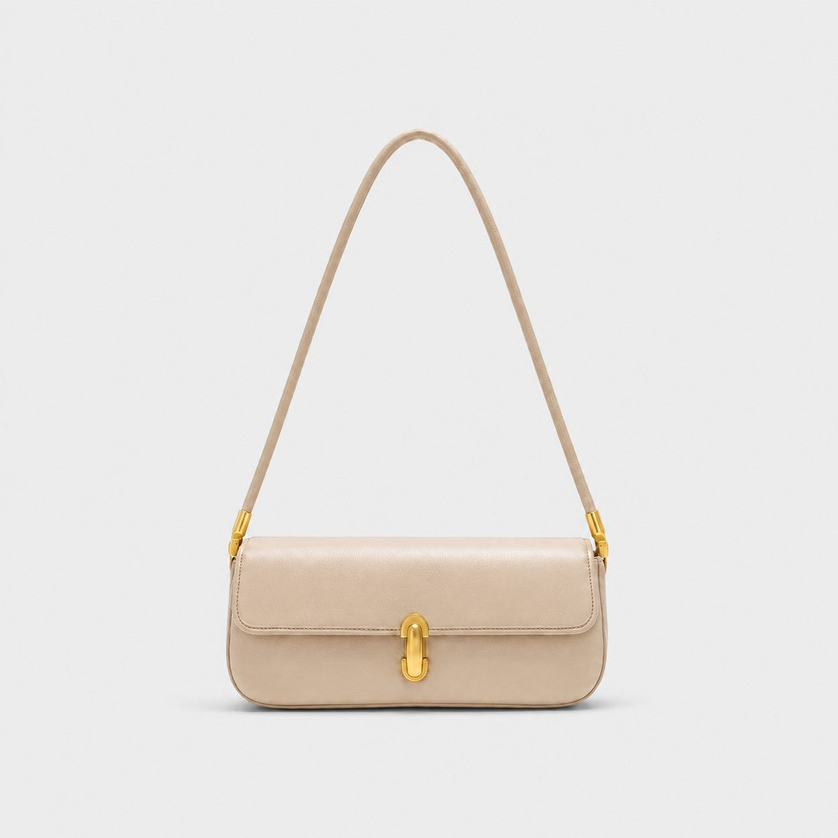 VALENORA Bianca shoulder bag in cream microfiber leather with a structured flap and gold link-style clasp.
