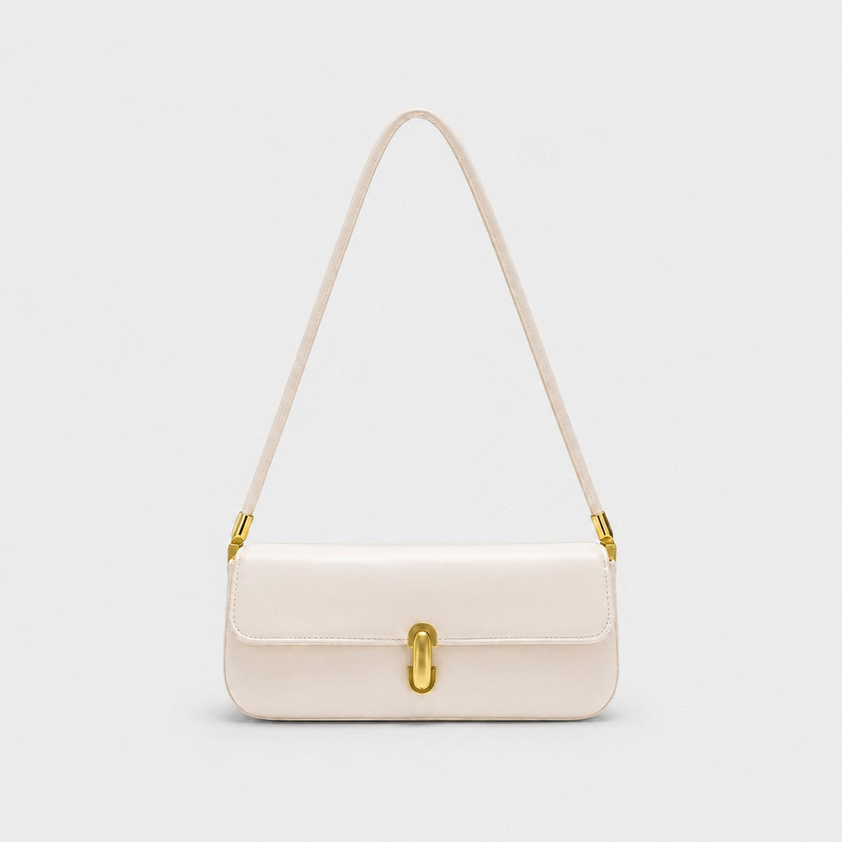 VALENORA Bianca shoulder bag in cream microfiber leather with a structured flap and gold link-style clasp.