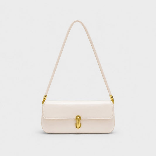 VALENORA Bianca shoulder bag in cream microfiber leather with a structured flap and gold link-style clasp.