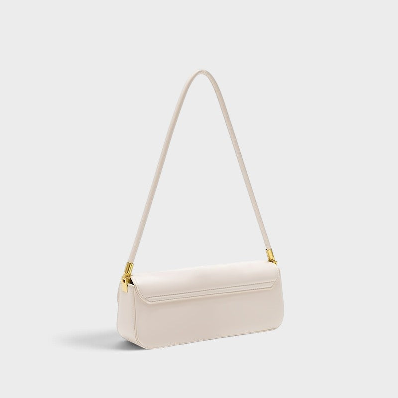 VALENORA Bianca cream microfiber leather shoulder bag with a structured flap-front and gold link-style clasp hardware.