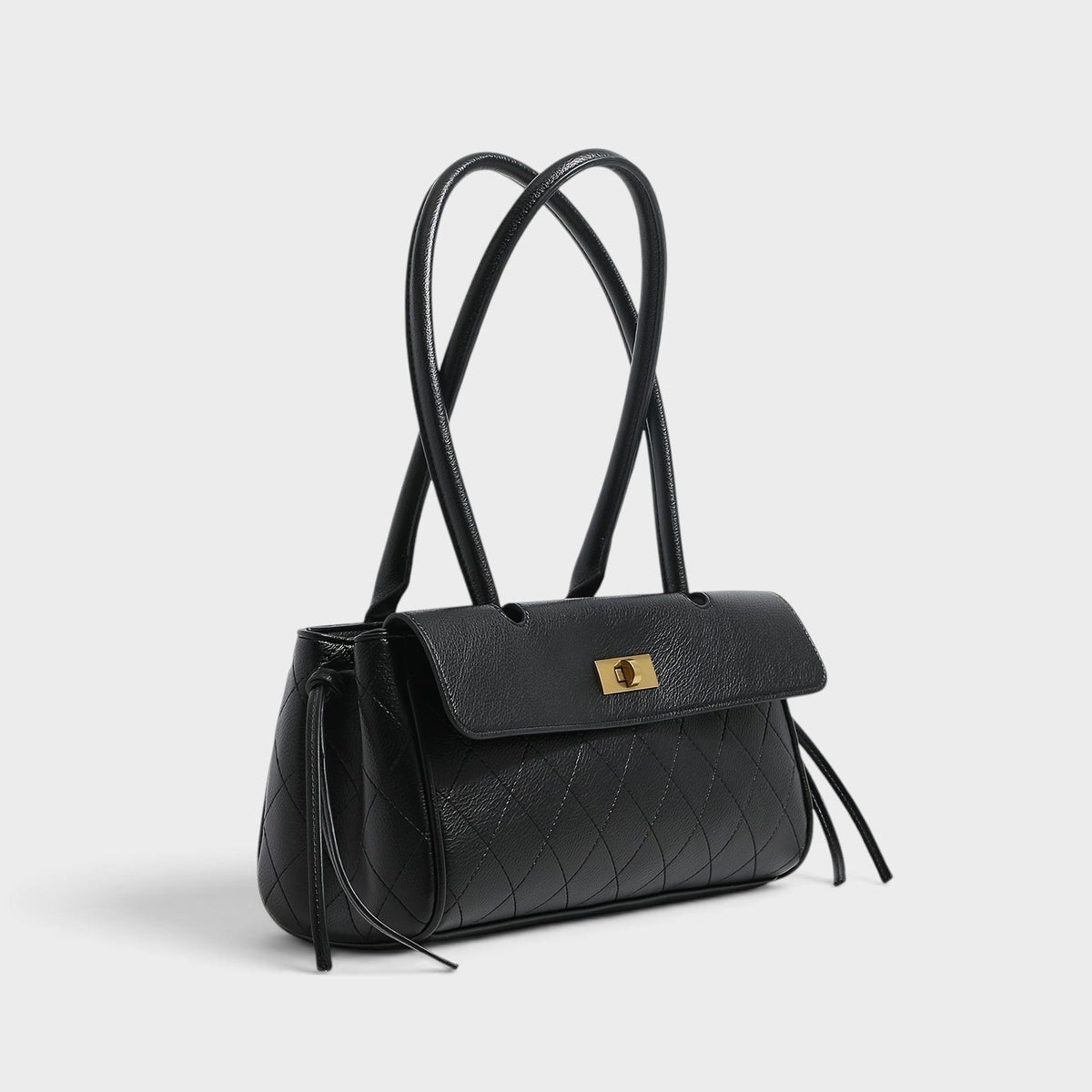 VALENORA Verancia black quilted shoulder bag with gold-tone turn-lock closure and side-tie detailing