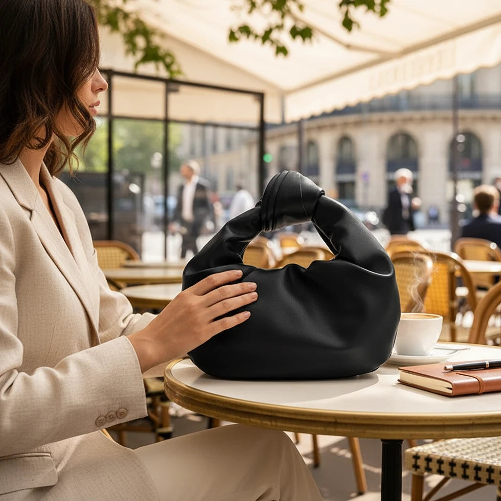 VALENORA black vegan leather handbag with a knotted handle held by a woman in a blazer at an outdoor cafe