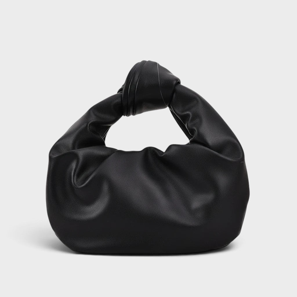 VALENORA black vegan leather handbag with a knotted handle and matte finish
