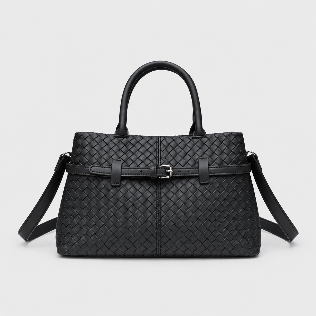 VALENORA black woven vegan leather handbag with a structured silhouette, top handle, and slim buckled belt detail.