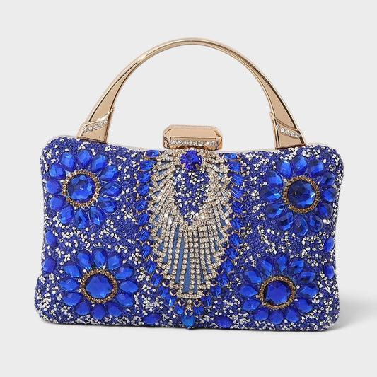 VALENORA Elara blue crystal and gemstone embellished formal clutch bag with a gold metal handle