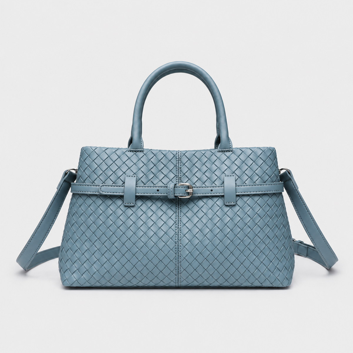 VALENORA blue woven vegan leather handbag with a structured silhouette, top handle, and slim buckle belt strap.