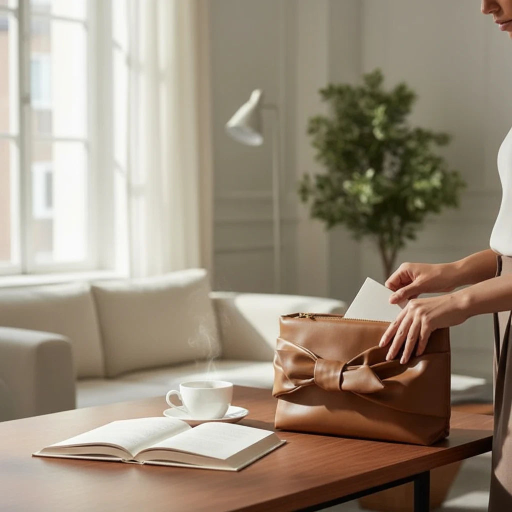 VALENORA brown leather handbag with a decorative front bow, held by a woman in a bright, modern living room setting.